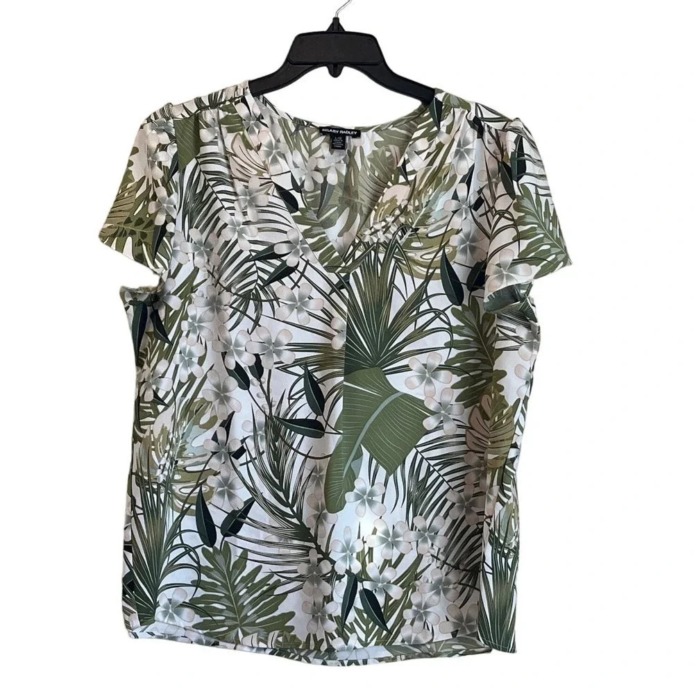 Hilary Radley Womens L Set Blouse V Neck White/Green/BlueShort Sleeves